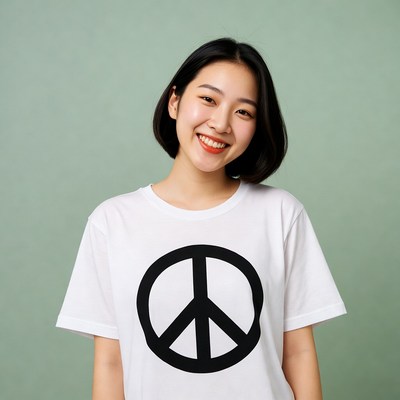 Asian woman smiling in peace sign t-shirt