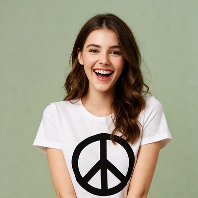 Smiling woman in peace sign t-shirt