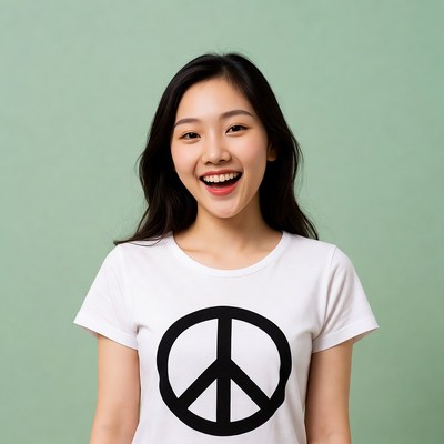 Asian woman smiling in peace symbol t-shirt