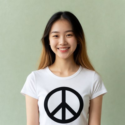 Asian girl in peace sign t-shirt