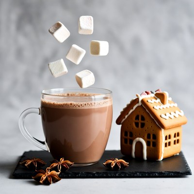 Hot Chocolate with Marshmallows and Gingerbread House