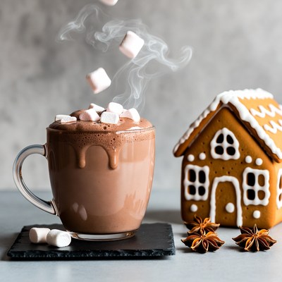 Hot Cocoa with Marshmallows and Gingerbread House