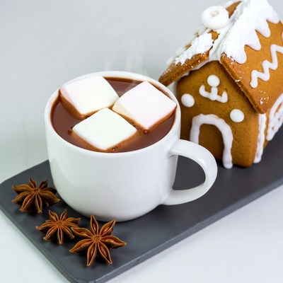 Hot Chocolate with Marshmallows and Gingerbread House