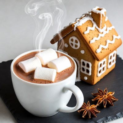 Hot Cocoa with Marshmallows and Gingerbread House