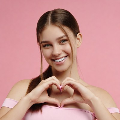 Smiling woman making heart hands