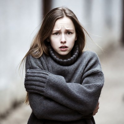 Girl shivering in turtleneck sweater
