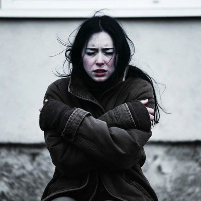 Asian woman shivering in coat