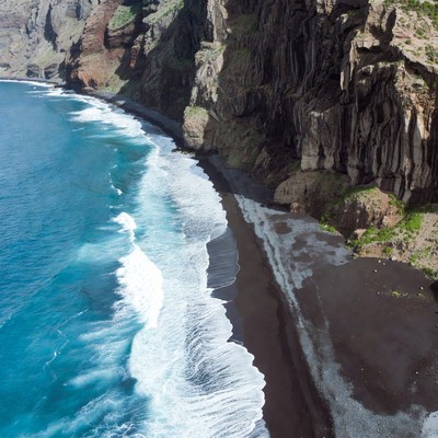 Black Sand Beach with Towering Cliffs