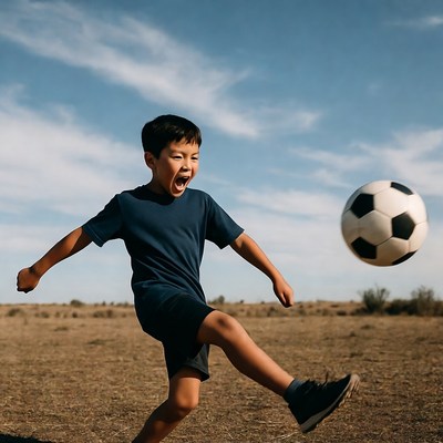 Young boy kicking soccer ball
