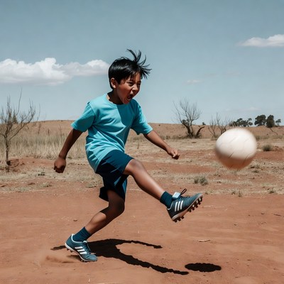 Boy kicking soccer ball outdoors
