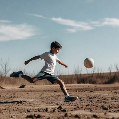 Boy kicking soccer ball outdoors