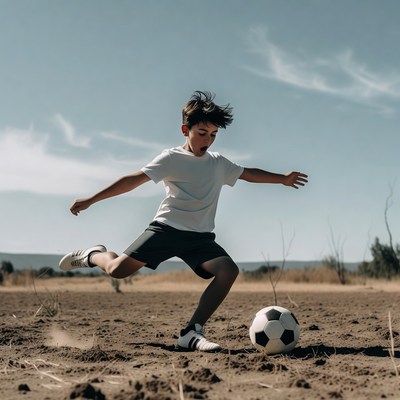 Boy kicking soccer ball outdoors