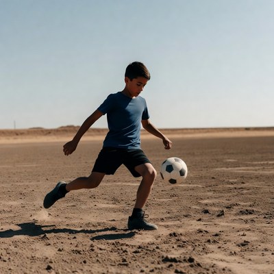Boy kicking soccer ball in desert
