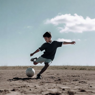 Boy kicking soccer ball
