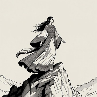 Woman in flowing dress on mountain peak