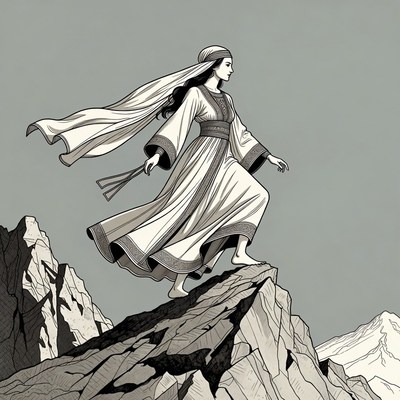 Woman in flowing dress on mountain peak