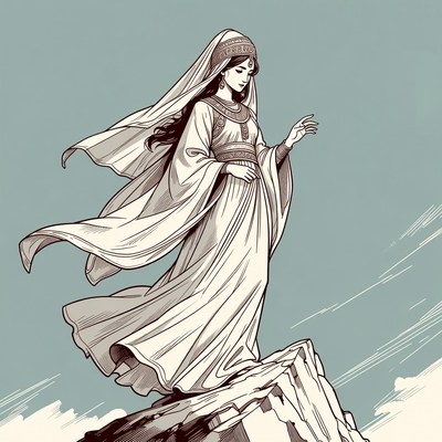 Woman in flowing white gown on mountain peak