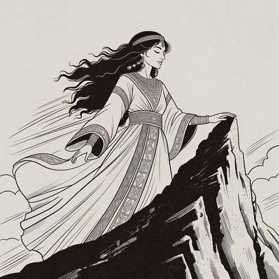 Woman in flowing dress on cliff edge