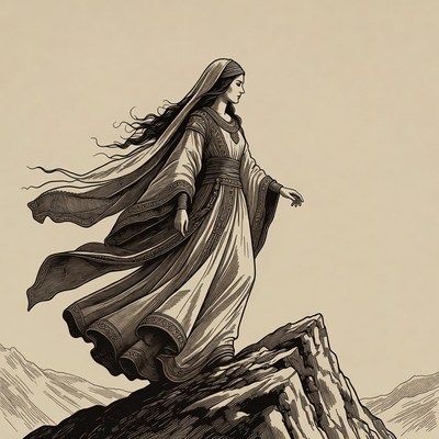 Woman in flowing robes on mountain peak