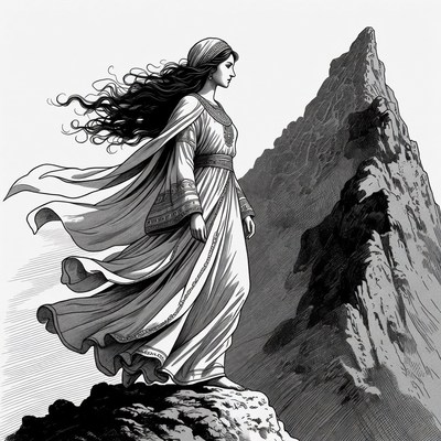 Woman in flowing dress on mountain peak