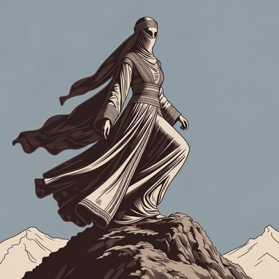 Woman in flowing robes on mountain peak