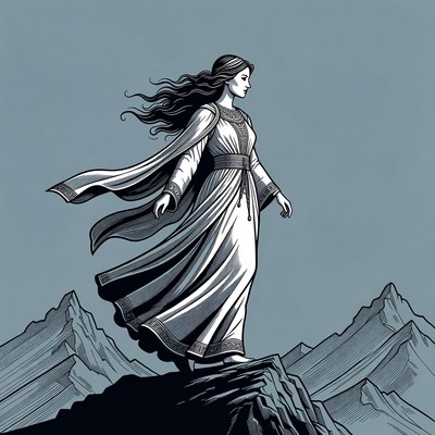 Woman in flowing gown on mountain peak