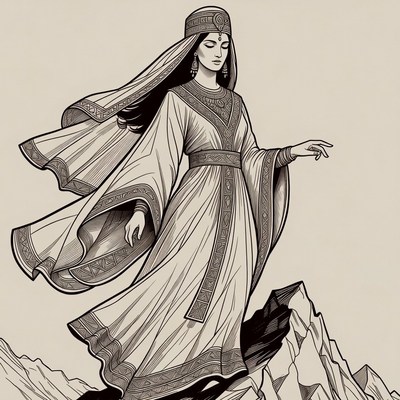 Persian woman in flowing gown on mountain