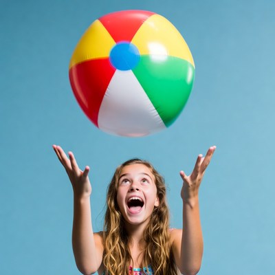 Girl jumping for colorful beach ball