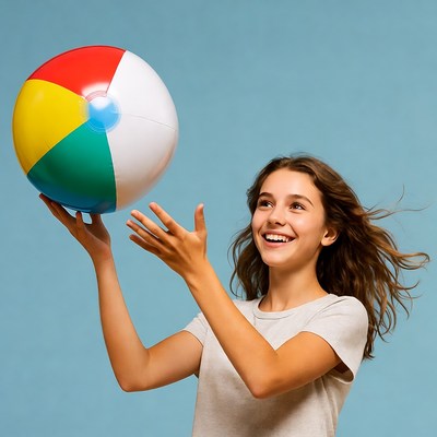 Girl holding colorful beach ball