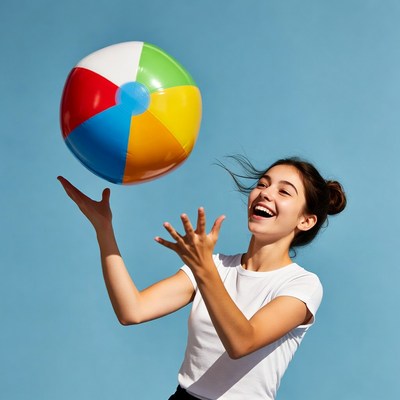 Girl catching colorful beach ball