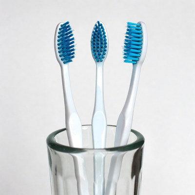 Three Blue Toothbrushes in Glass