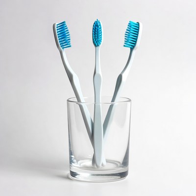 Three Blue Toothbrushes in Glass