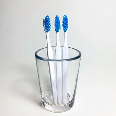 Three Blue Toothbrushes in Glass