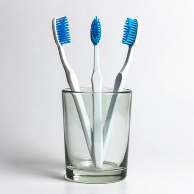 Three Blue Toothbrushes in Glass