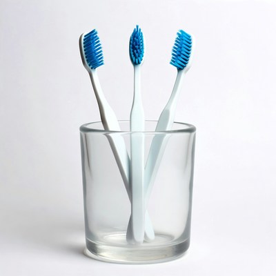 Three Blue Toothbrushes in Glass
