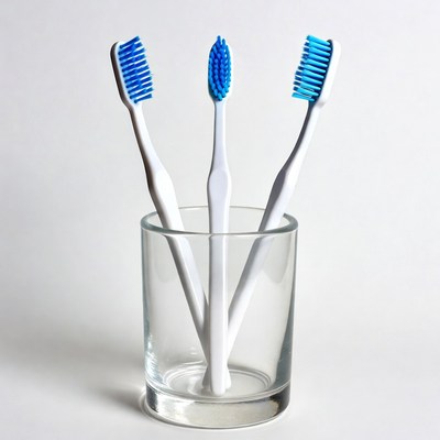 Three Blue Toothbrushes in Glass