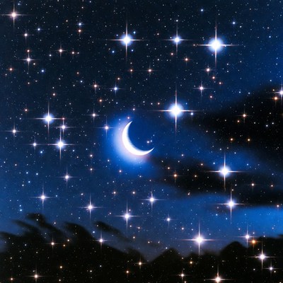 Crescent Moon and Stars over Mountains