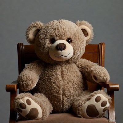 Teddy bear sitting in wooden chair