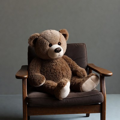 Brown teddy bear sitting in wooden chair