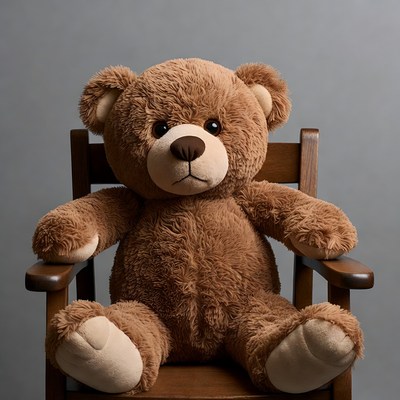 Brown teddy bear in wooden chair