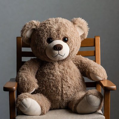 Teddy bear sitting in wooden chair