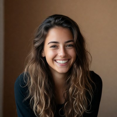 Smiling woman with wavy brown hair