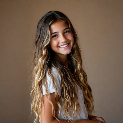Smiling girl with long wavy hair