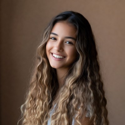 Smiling girl with wavy brown hair