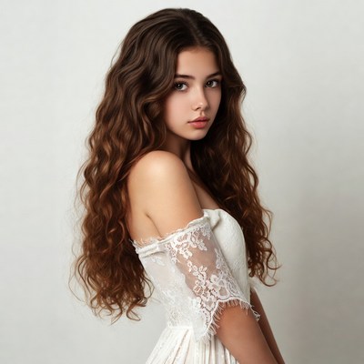 Young woman in lace off-shoulder dress