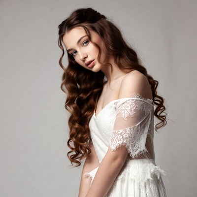 Woman in white lace off-shoulder dress