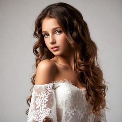 Young woman in lace off-shoulder dress