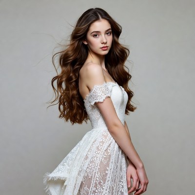 Young woman in lace wedding dress