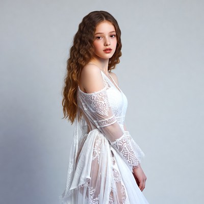 Teen girl in white lace lingerie dress