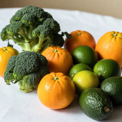 Broccoli Oranges Limes Avocados on Table